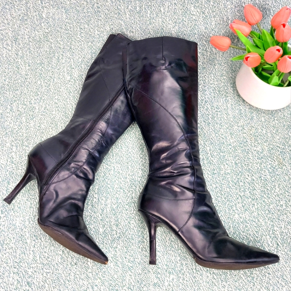 Nine West Boots, Womens Blondey Knee High in Black Leather, Sz 9.5